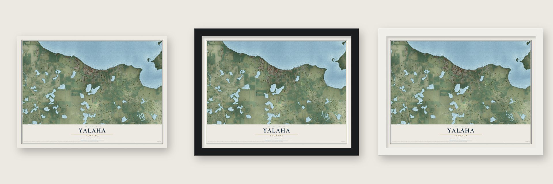 Yalaha, Florida map unframed, in a black wood frame and in a white wood frame