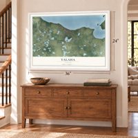 Yalaha, Florida map, 24 x 36 inch print in a white frame above a dresser by a staircase