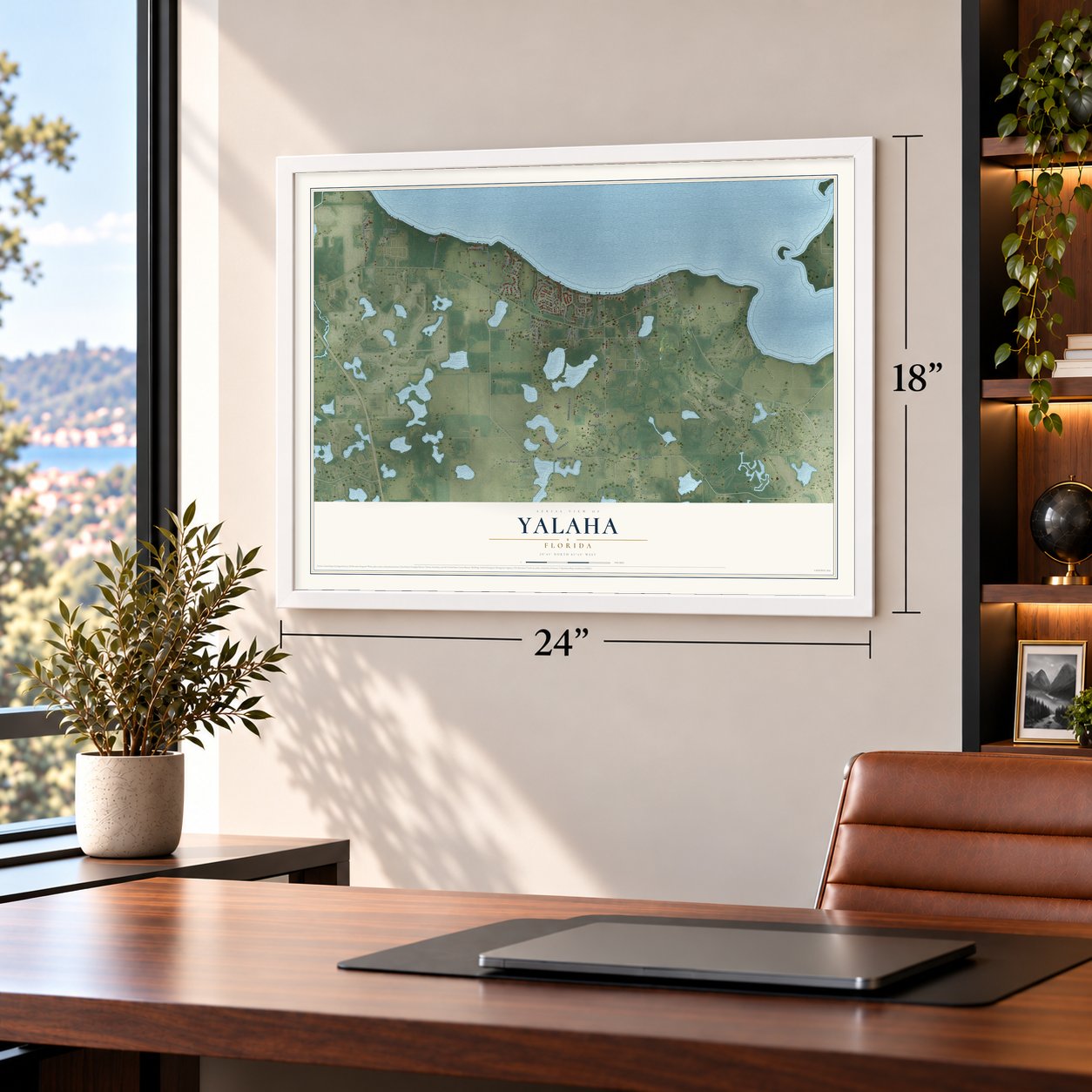 Yalaha, Florida map, 18 x 24 inch print in a white frame in a home office