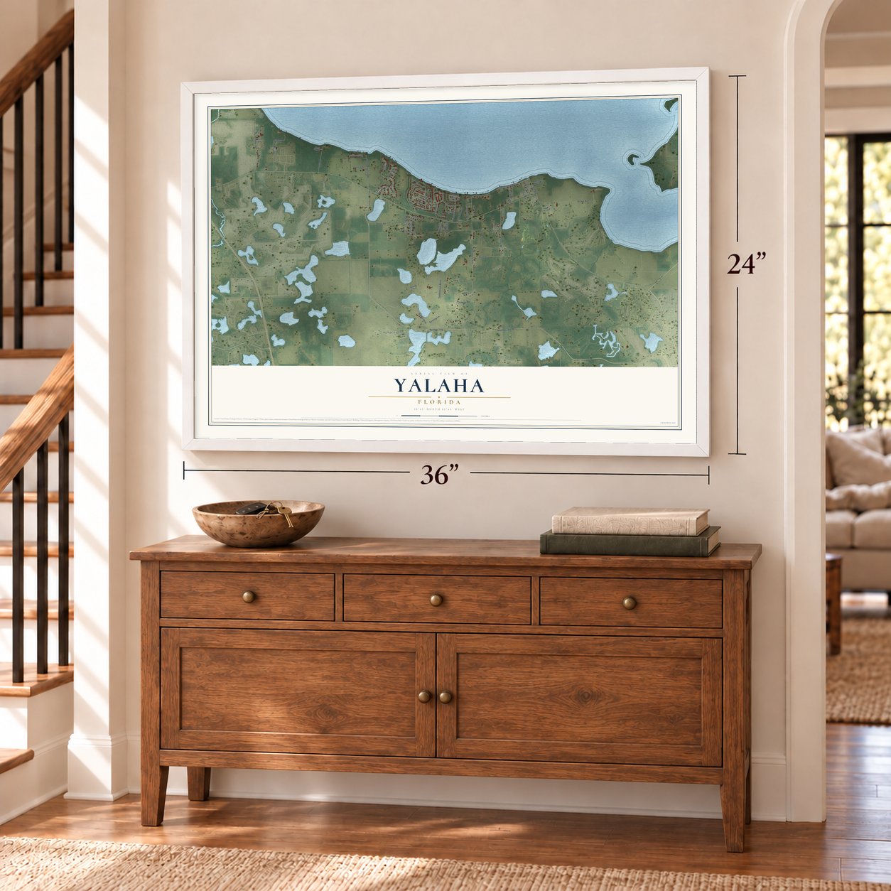 Yalaha, Florida map, 24 x 36 inch print in a white frame above a dresser by a staircase