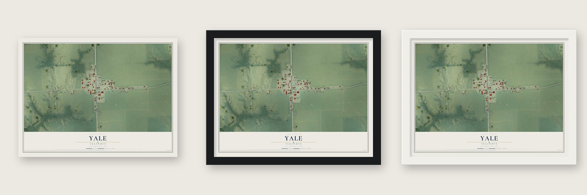 Yale, Illinois map unframed, in a black wood frame and in a white wood frame