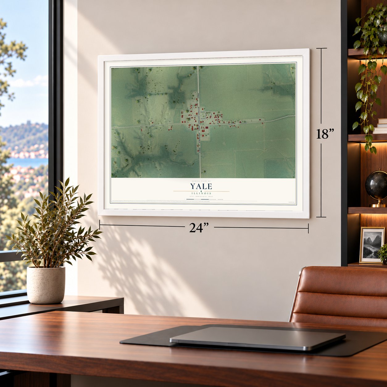 Yale, Illinois map, 18 x 24 inch print in a white frame in a home office