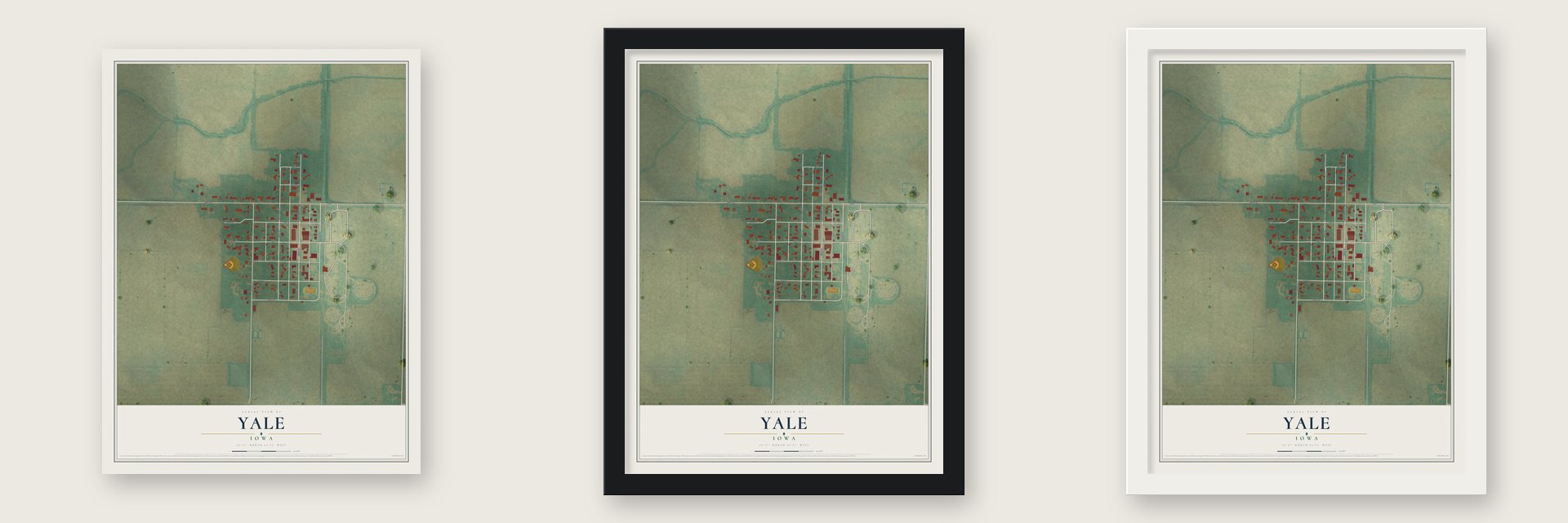 Yale, Iowa map unframed, in a black wood frame and in a white wood frame