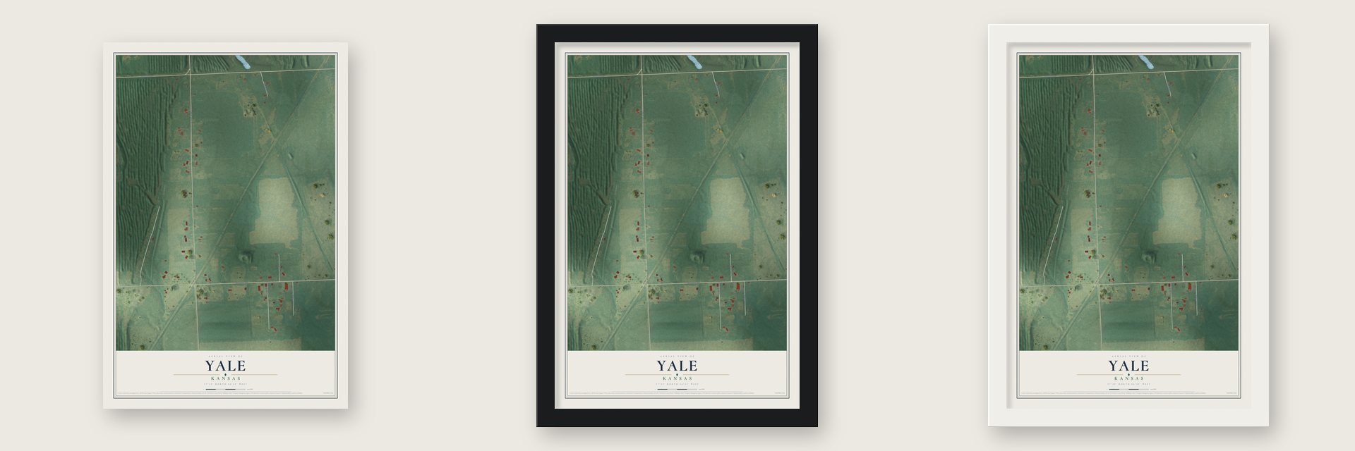 Yale, Kansas map unframed, in a black wood frame and in a white wood frame