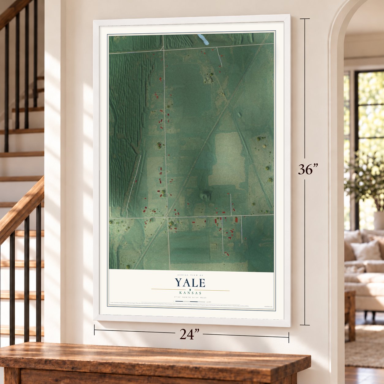 Yale, Kansas map, 24 x 36 inch print in a white frame by a staircase