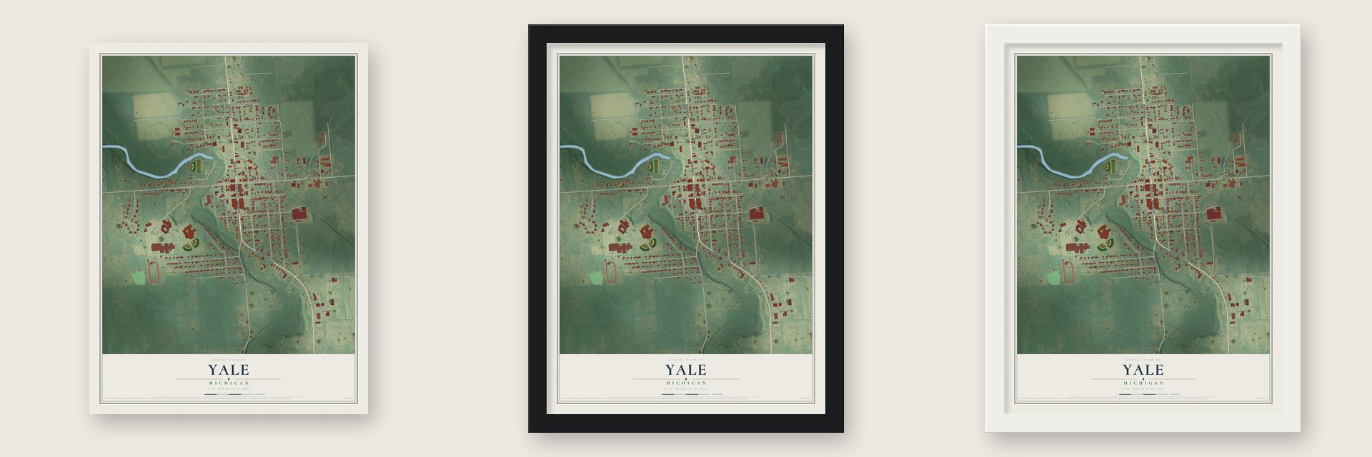 Yale, Michigan map unframed, in a black wood frame and in a white wood frame