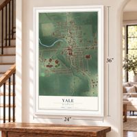 Yale, Michigan map, 24 x 36 inch print in a white frame by a staircase