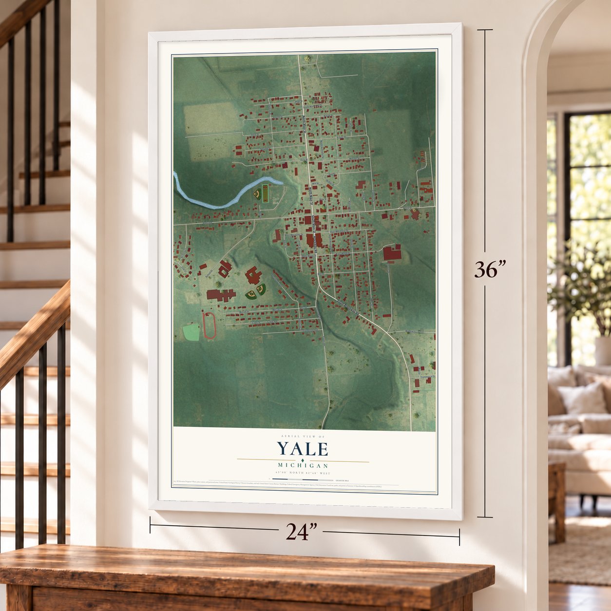 Yale, Michigan map, 24 x 36 inch print in a white frame by a staircase