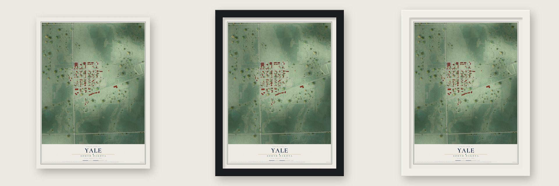 Yale, South Dakota map unframed, in a black wood frame and in a white wood frame
