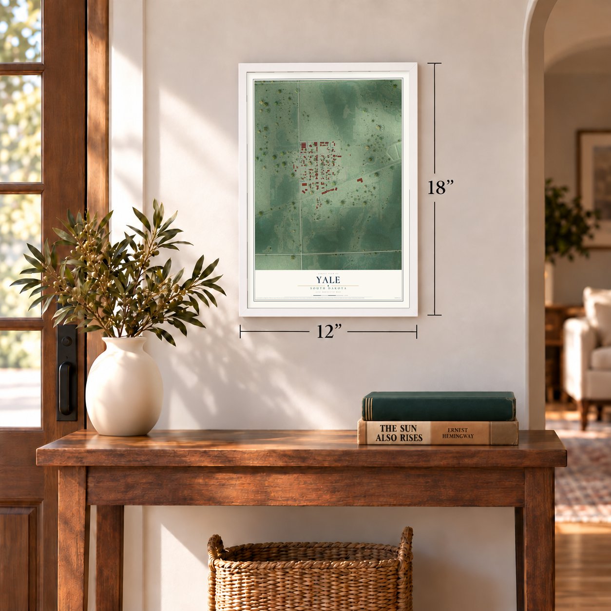 Yale, South Dakota map, 12 x 18 inch print in a white frame in an entryway