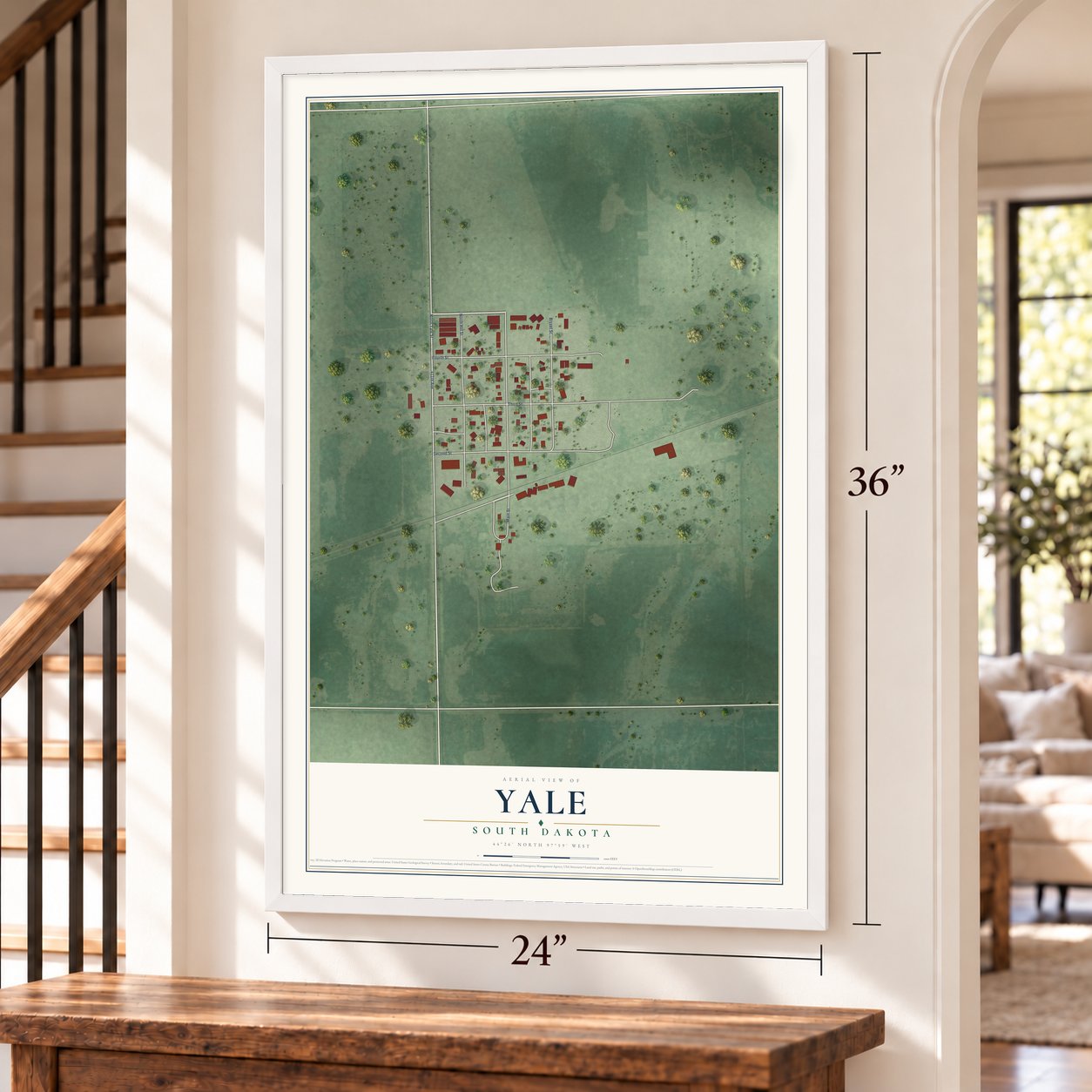 Yale, South Dakota map, 24 x 36 inch print in a white frame by a staircase