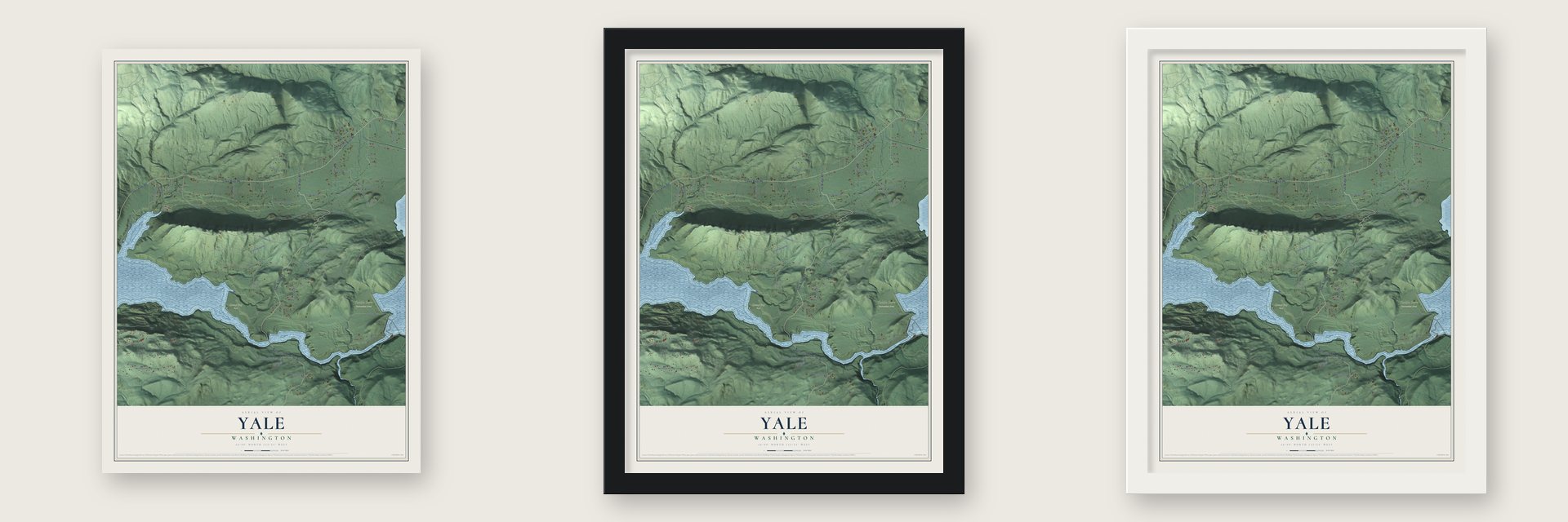 Yale, Washington map unframed, in a black wood frame and in a white wood frame