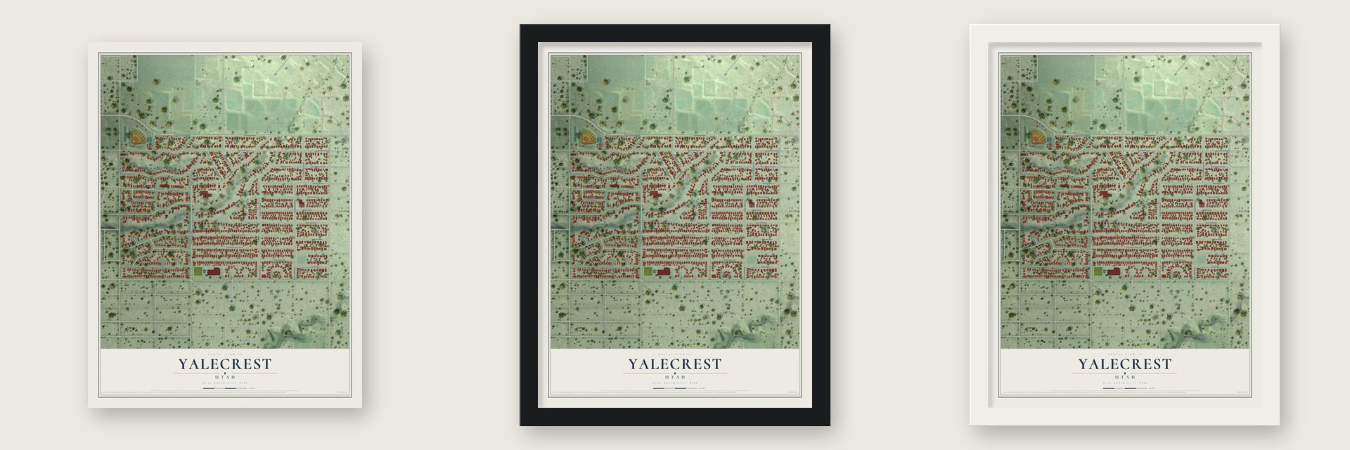 Yalecrest, Utah map unframed, in a black wood frame and in a white wood frame