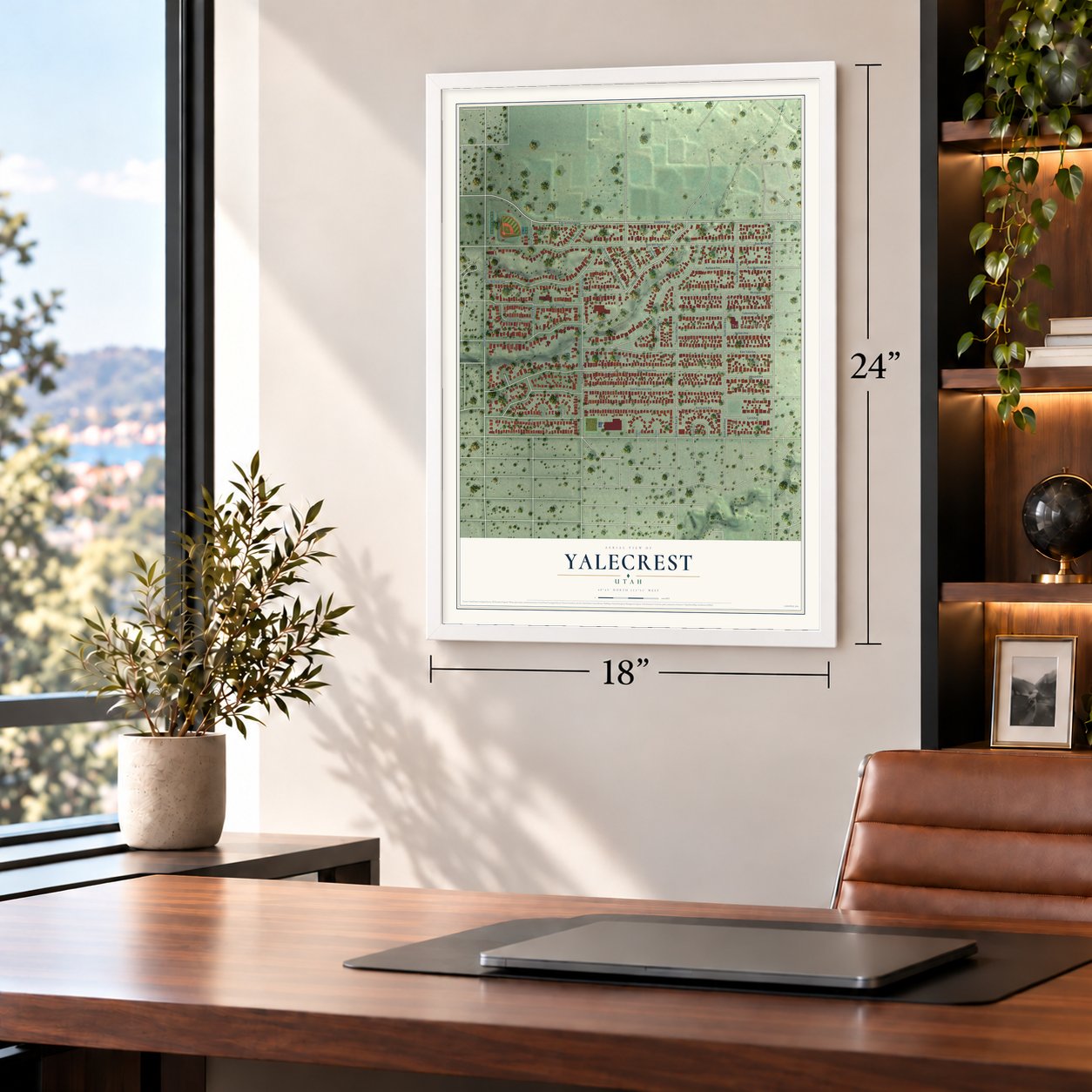 Yalecrest, Utah map, 18 x 24 inch print in a white frame in a home office
