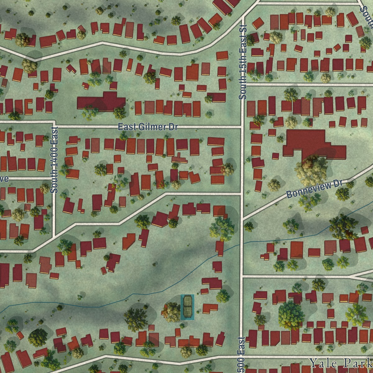 Second close-up of the map of Yalecrest, Utah print showing more streets and buildings
