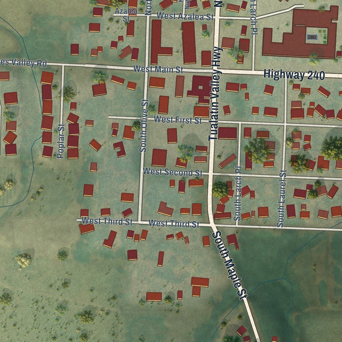 Second close-up of the map of Yamhill, Oregon print showing more streets and buildings