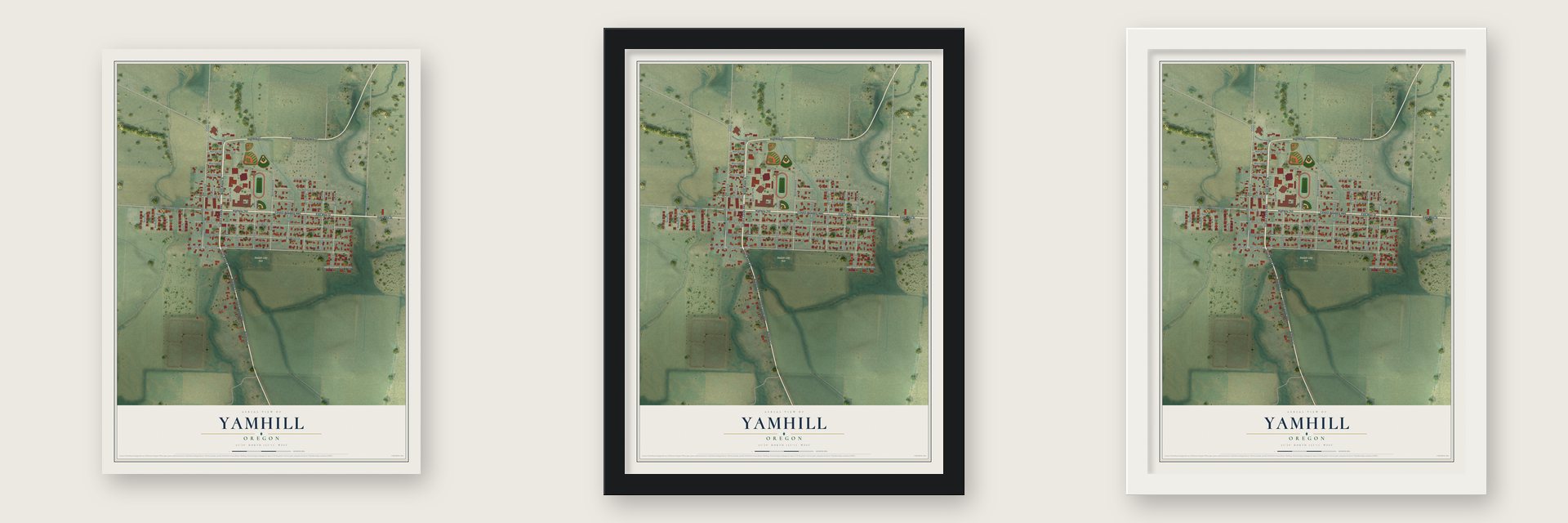 Yamhill, Oregon map unframed, in a black wood frame and in a white wood frame