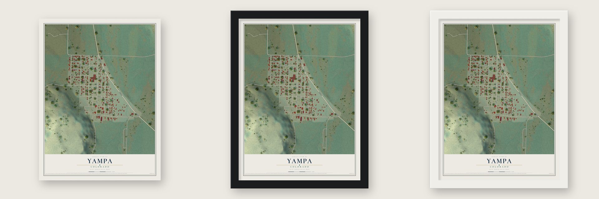 Yampa, Colorado map unframed, in a black wood frame and in a white wood frame
