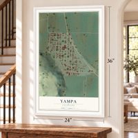 Yampa, Colorado map, 24 x 36 inch print in a white frame by a staircase