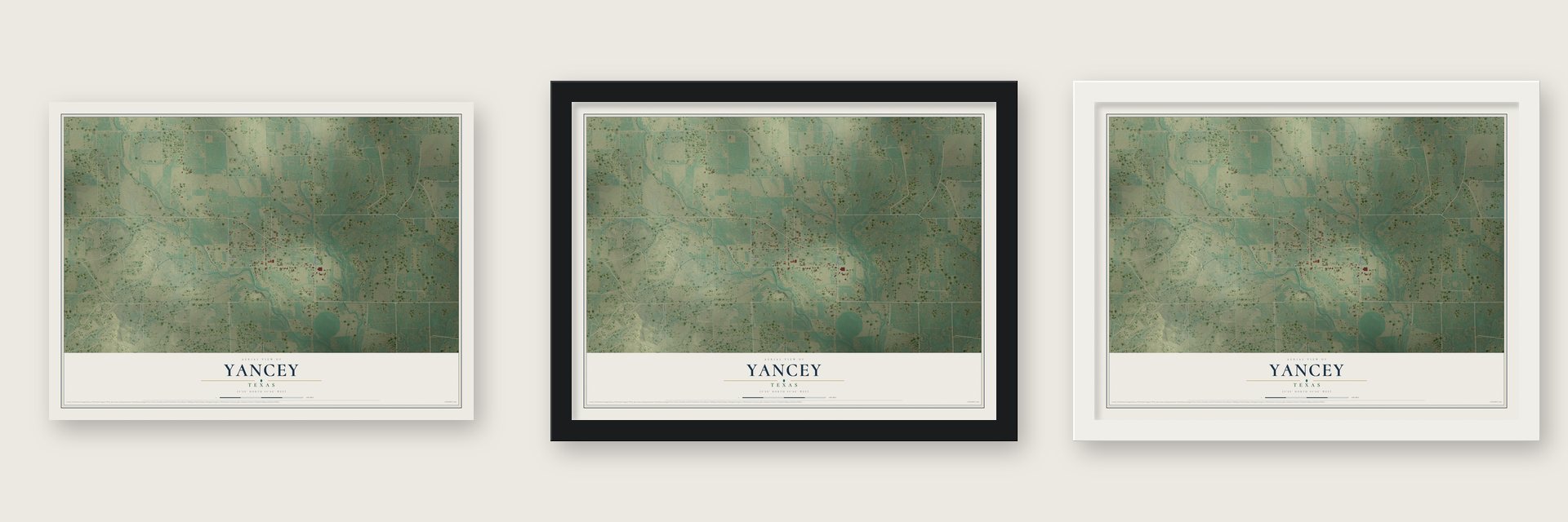 Yancey, Texas map unframed, in a black wood frame and in a white wood frame