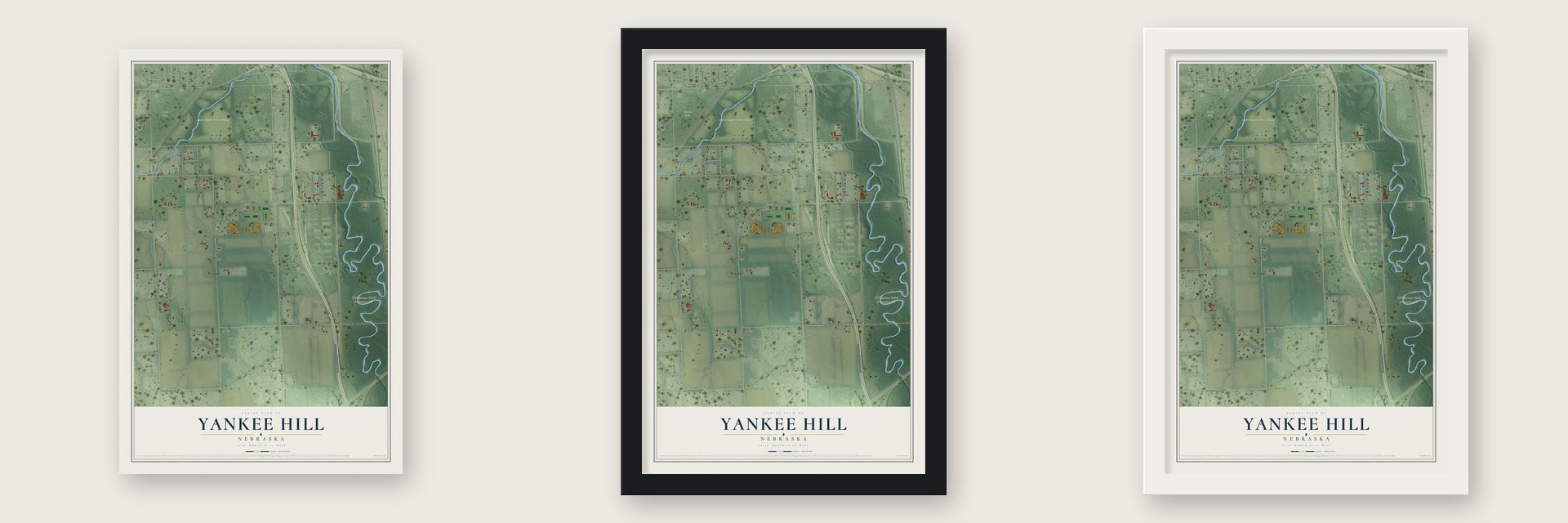 Yankee Hill, Nebraska map unframed, in a black wood frame and in a white wood frame