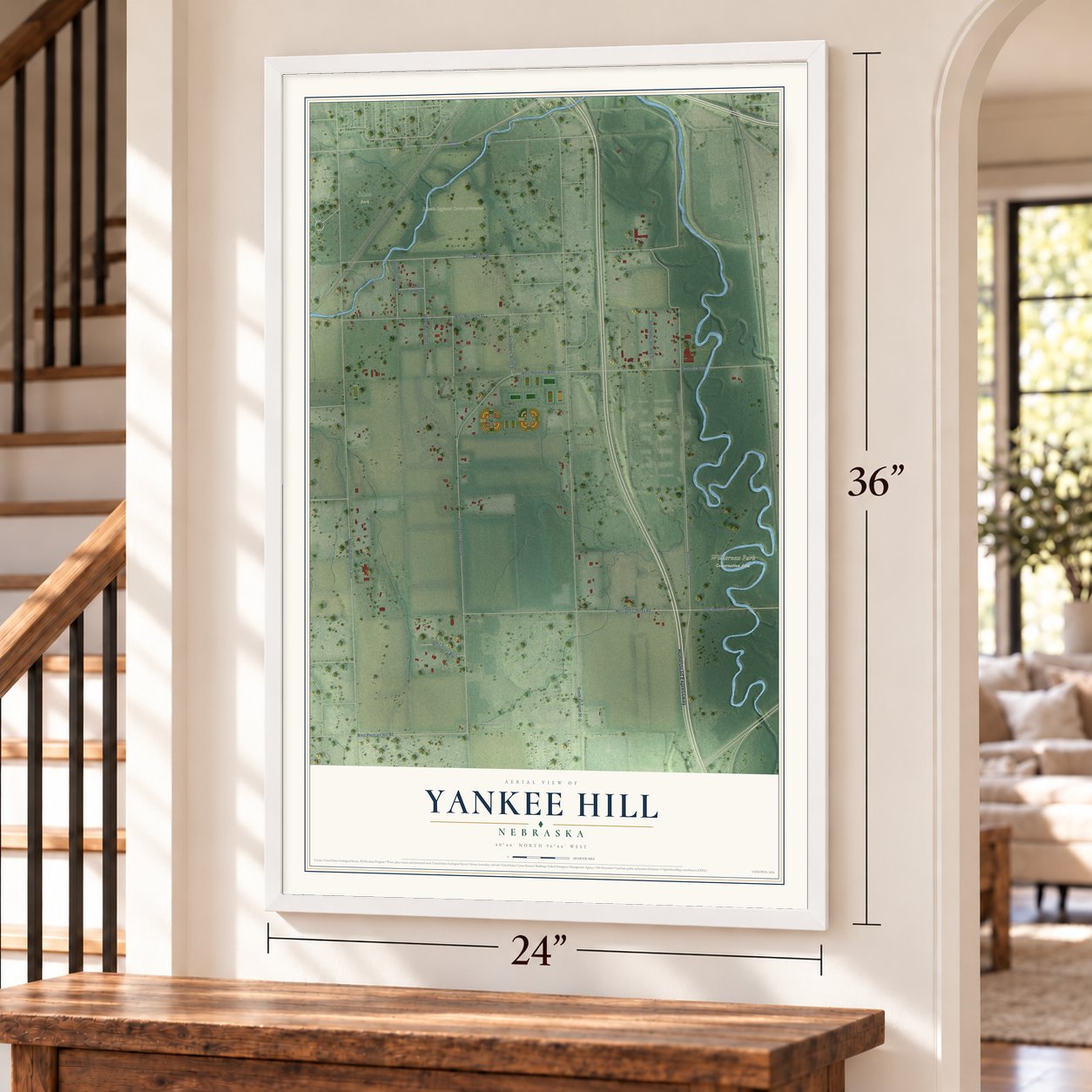 Yankee Hill, Nebraska map, 24 x 36 inch print in a white frame by a staircase