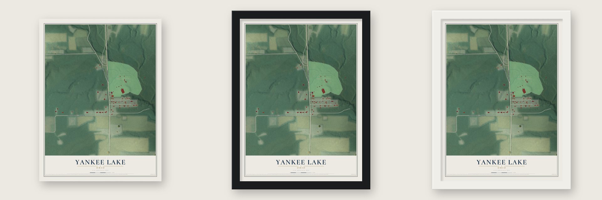 Yankee Lake, Ohio map unframed, in a black wood frame and in a white wood frame