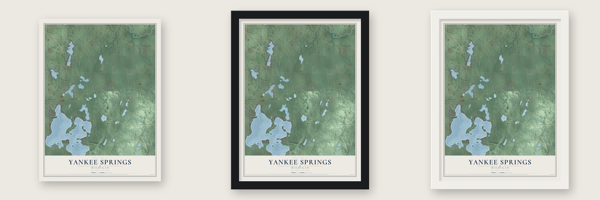 Yankee Springs, Michigan map unframed, in a black wood frame and in a white wood frame
