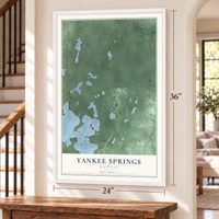 Yankee Springs, Michigan map, 24 x 36 inch print in a white frame by a staircase