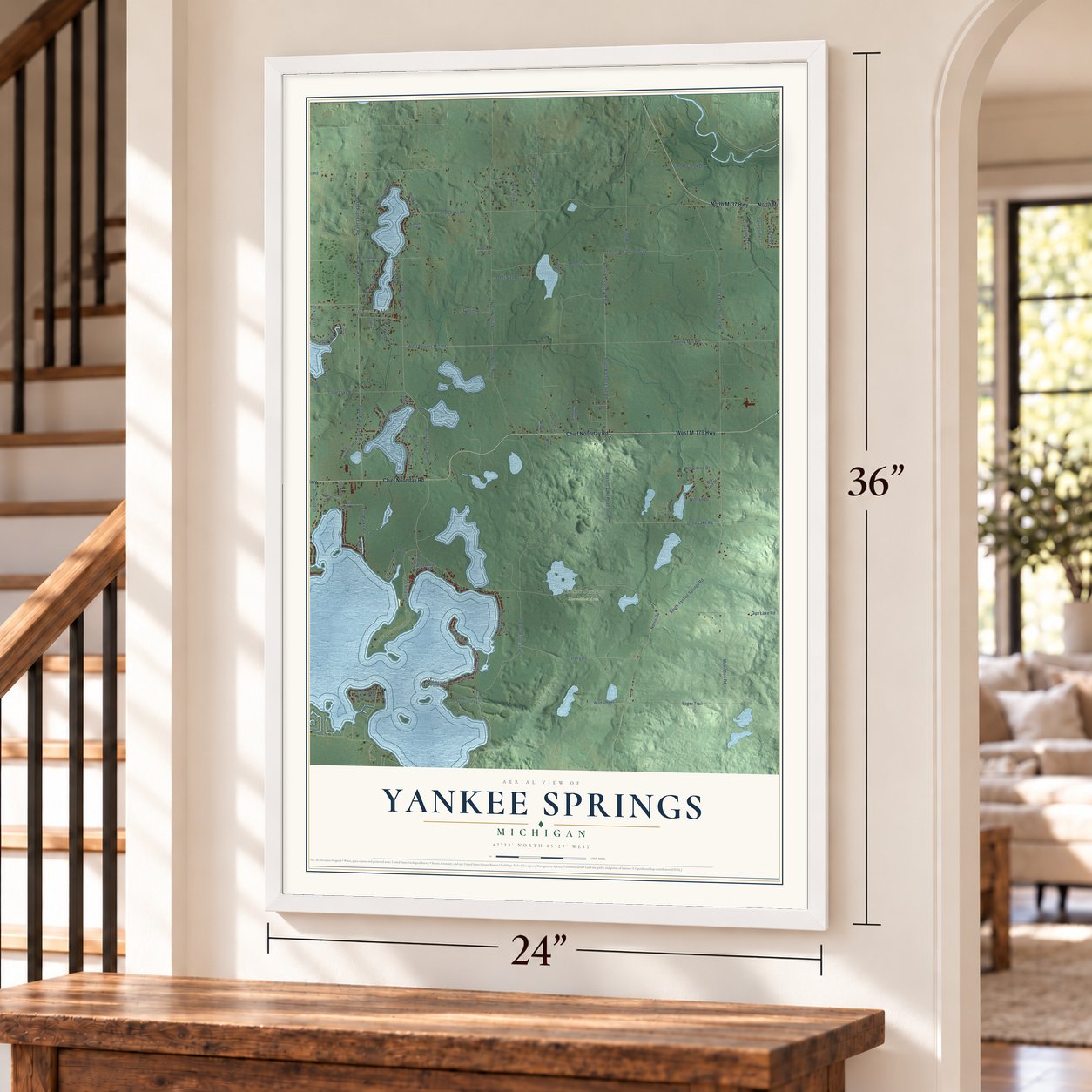 Yankee Springs, Michigan map, 24 x 36 inch print in a white frame by a staircase