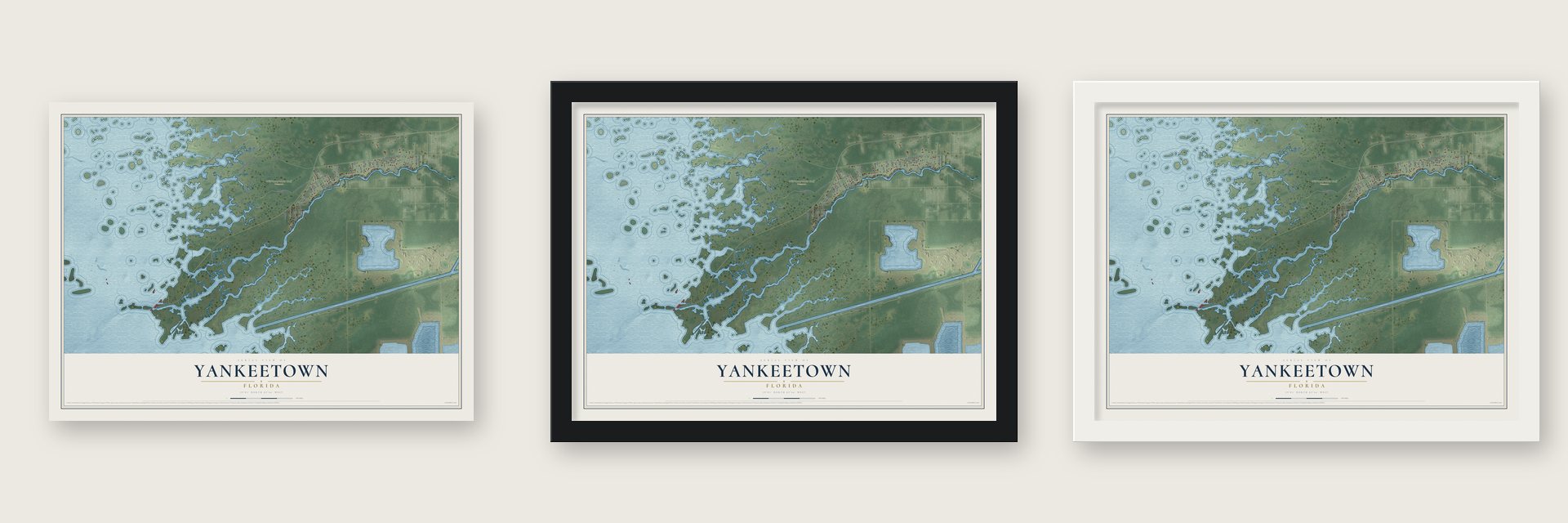 Yankeetown, Florida map unframed, in a black wood frame and in a white wood frame