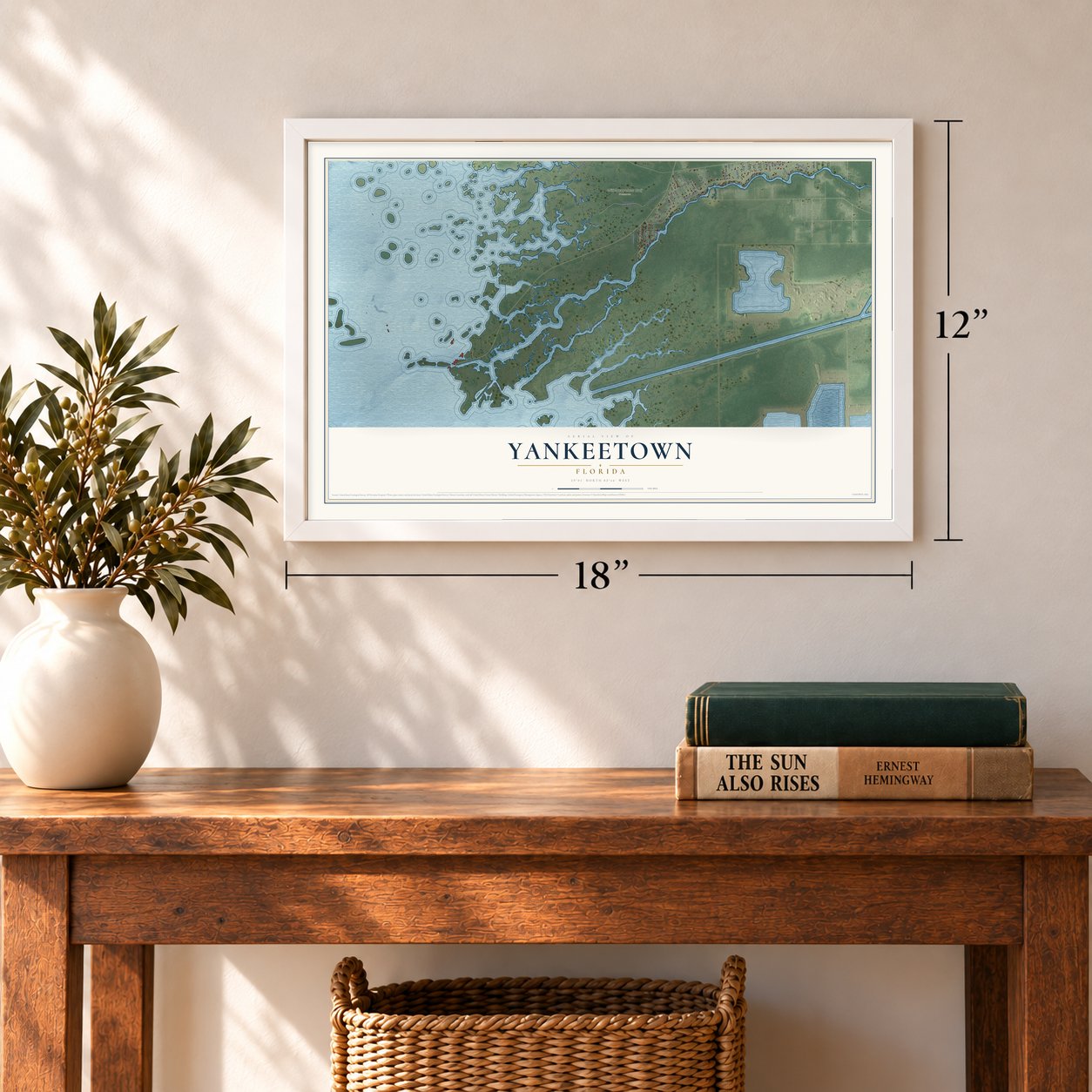 Yankeetown, Florida map, 12 x 18 inch print in a white frame in an entryway