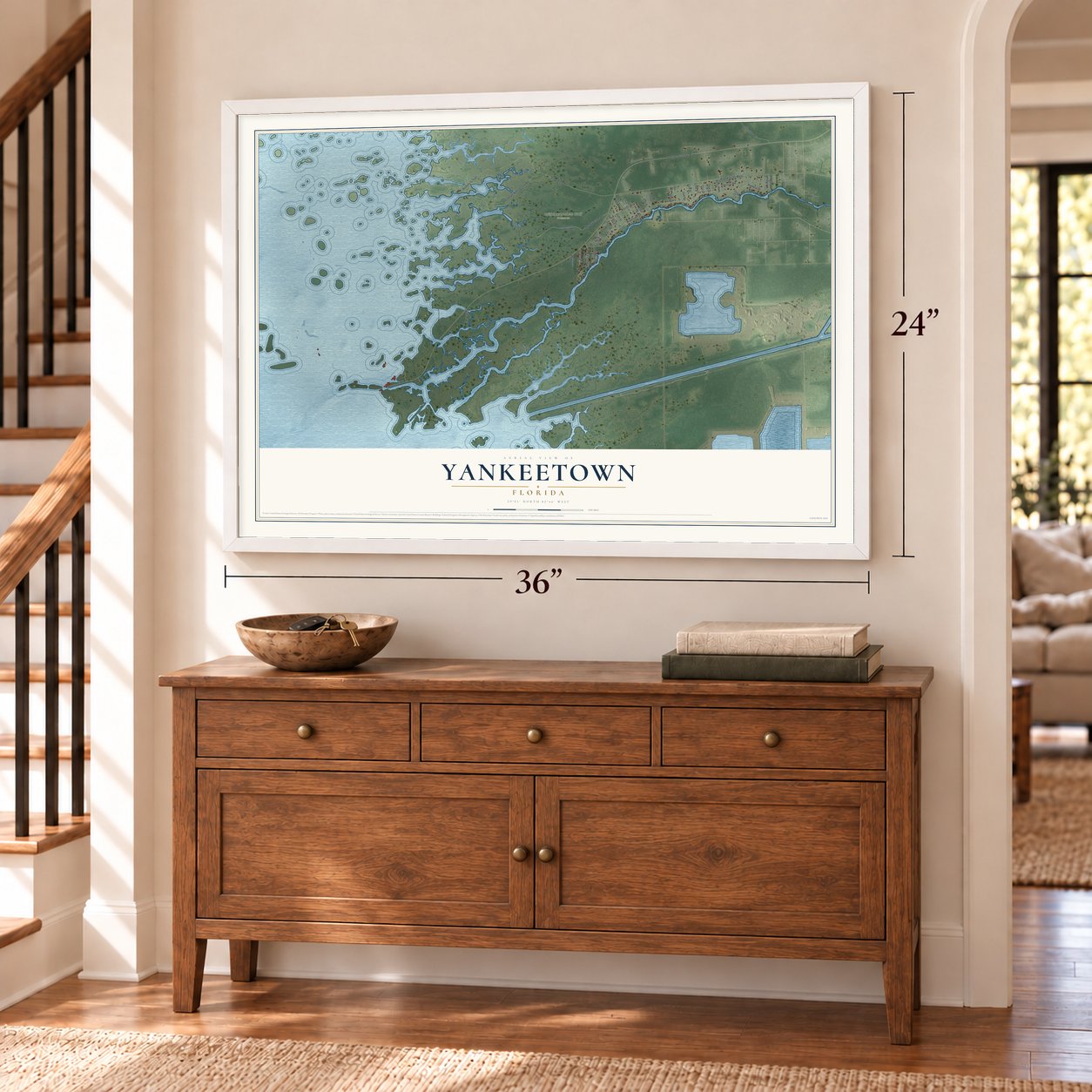 Yankeetown, Florida map, 24 x 36 inch print in a white frame above a dresser by a staircase