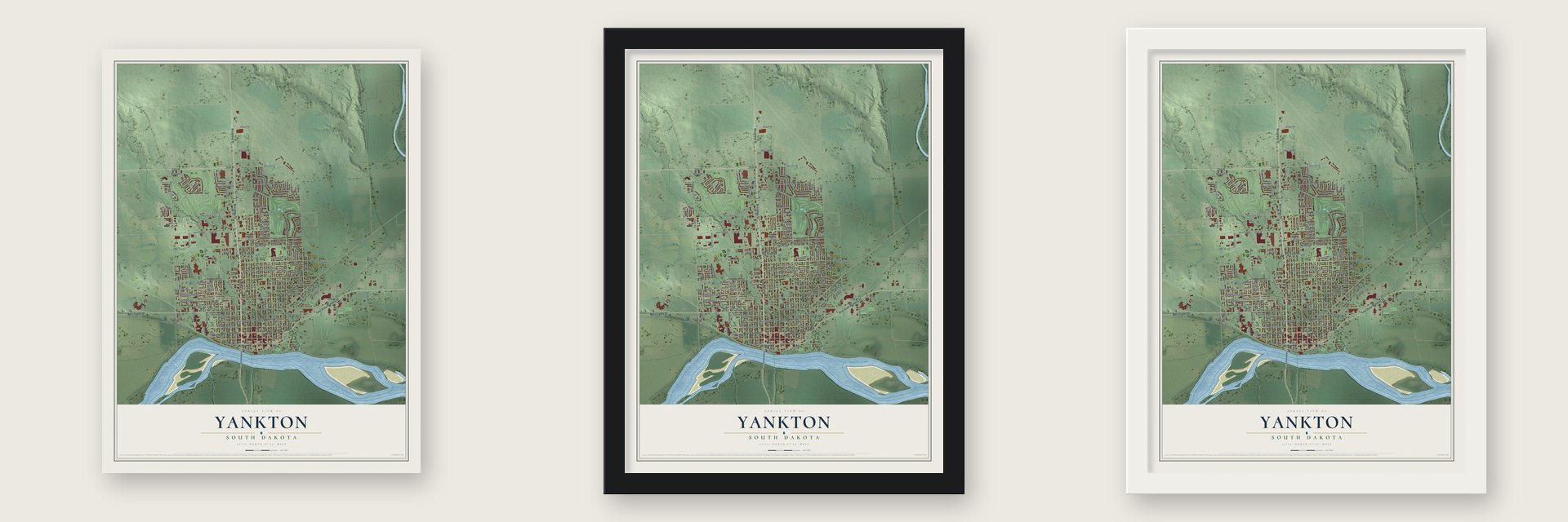Yankton, South Dakota map unframed, in a black wood frame and in a white wood frame