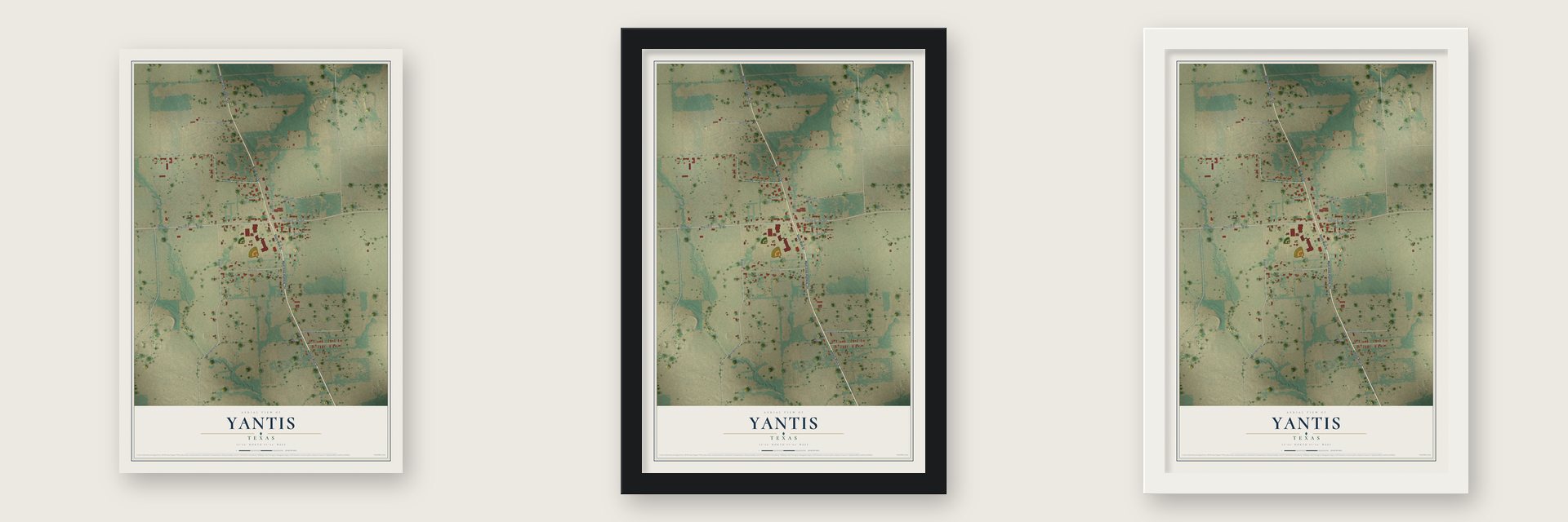 Yantis, Texas map unframed, in a black wood frame and in a white wood frame