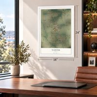 Yantis, Texas map, 18 x 24 inch print in a white frame in a home office