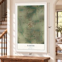 Yantis, Texas map, 24 x 36 inch print in a white frame by a staircase