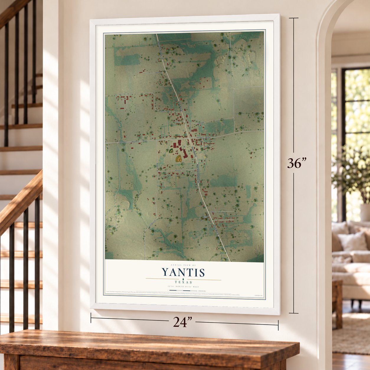 Yantis, Texas map, 24 x 36 inch print in a white frame by a staircase