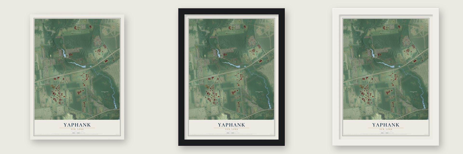 Yaphank, New York map unframed, in a black wood frame and in a white wood frame