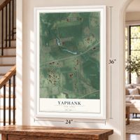 Yaphank, New York map, 24 x 36 inch print in a white frame by a staircase