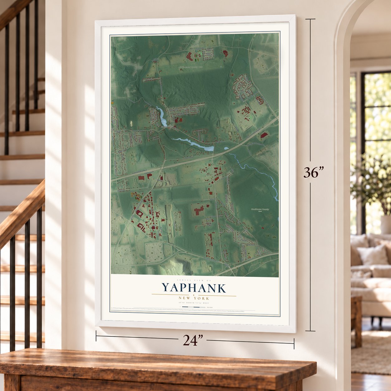 Yaphank, New York map, 24 x 36 inch print in a white frame by a staircase