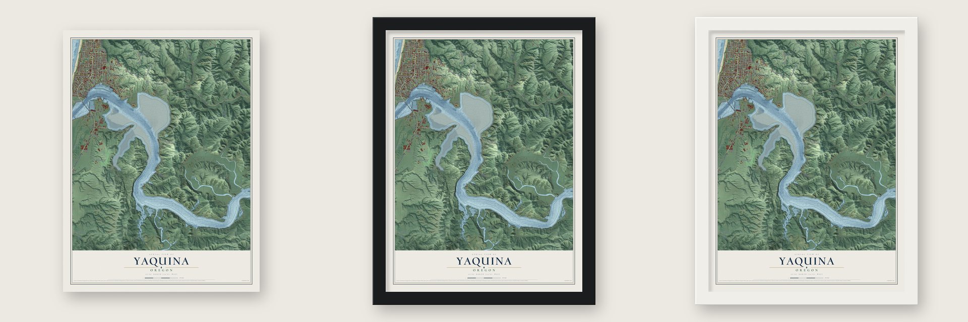 Yaquina, Oregon map unframed, in a black wood frame and in a white wood frame