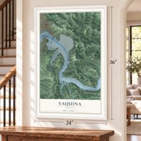 Yaquina, Oregon map, 24 x 36 inch print in a white frame by a staircase