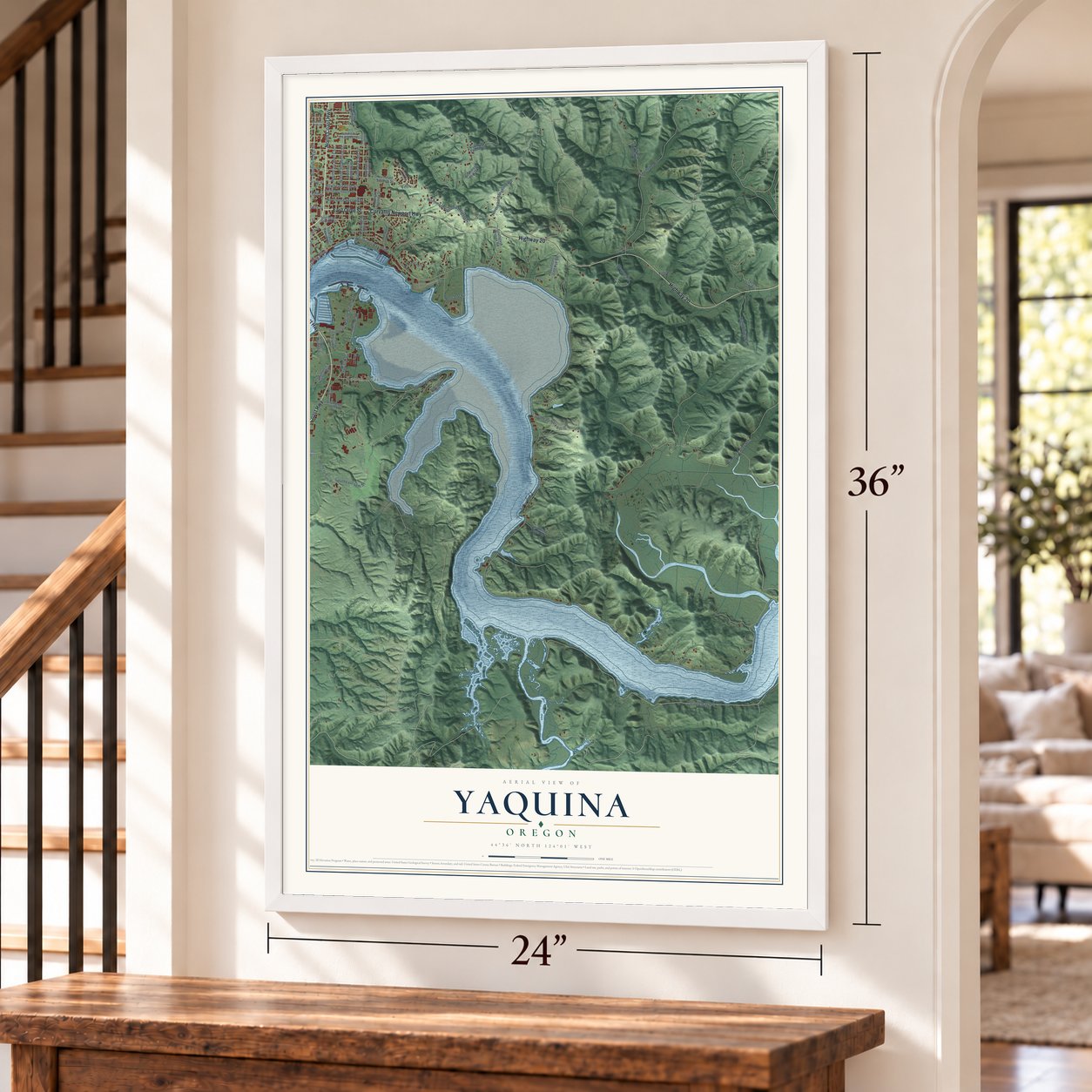 Yaquina, Oregon map, 24 x 36 inch print in a white frame by a staircase