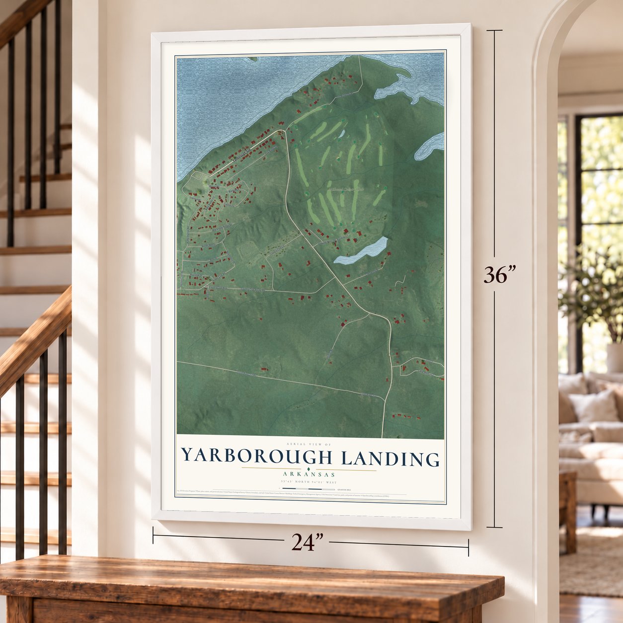 Yarborough Landing, Arkansas map, 24 x 36 inch print in a white frame by a staircase