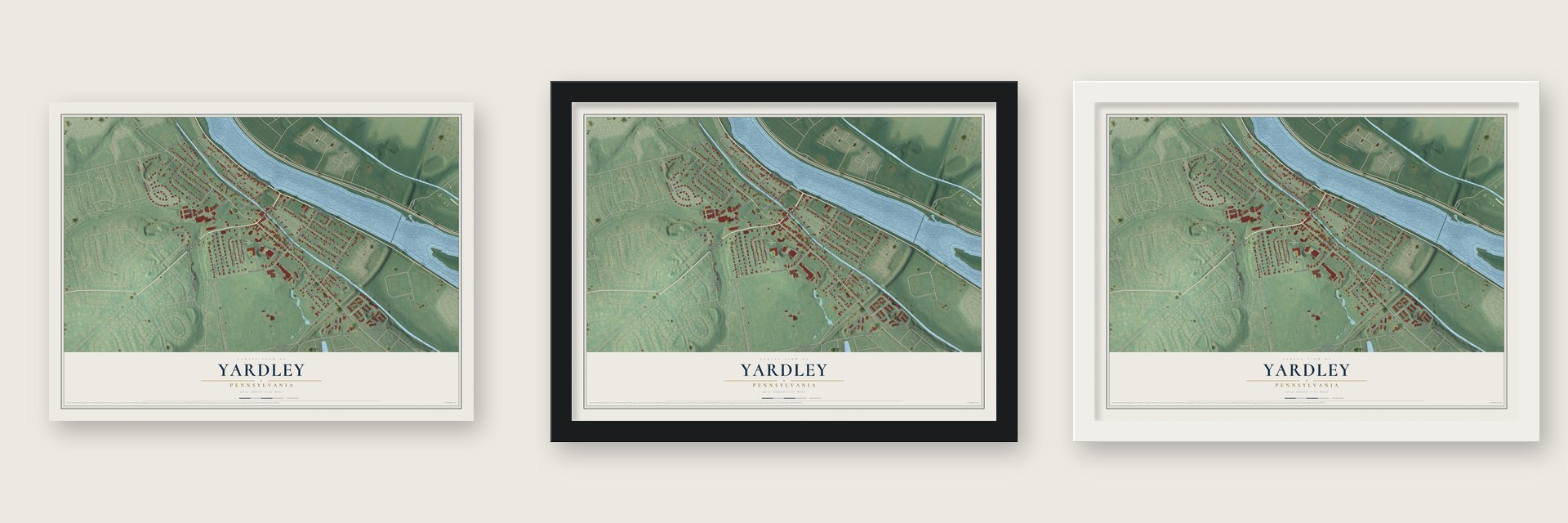 Yardley, Pennsylvania map unframed, in a black wood frame and in a white wood frame
