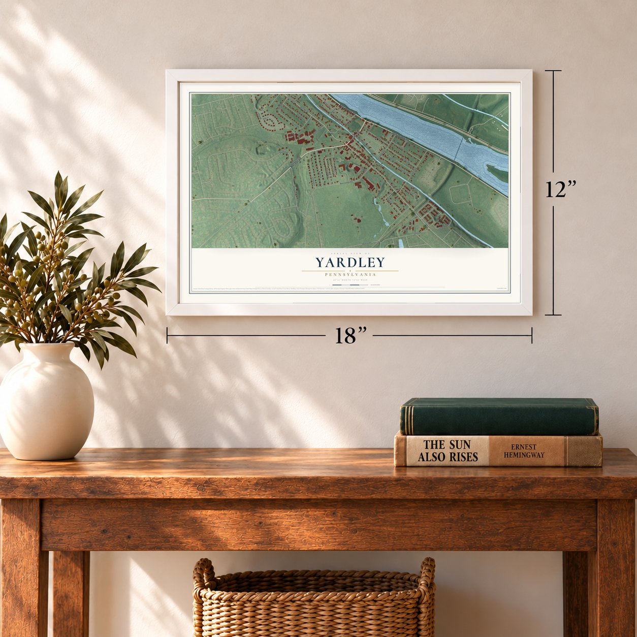 Yardley, Pennsylvania map, 12 x 18 inch print in a white frame in an entryway