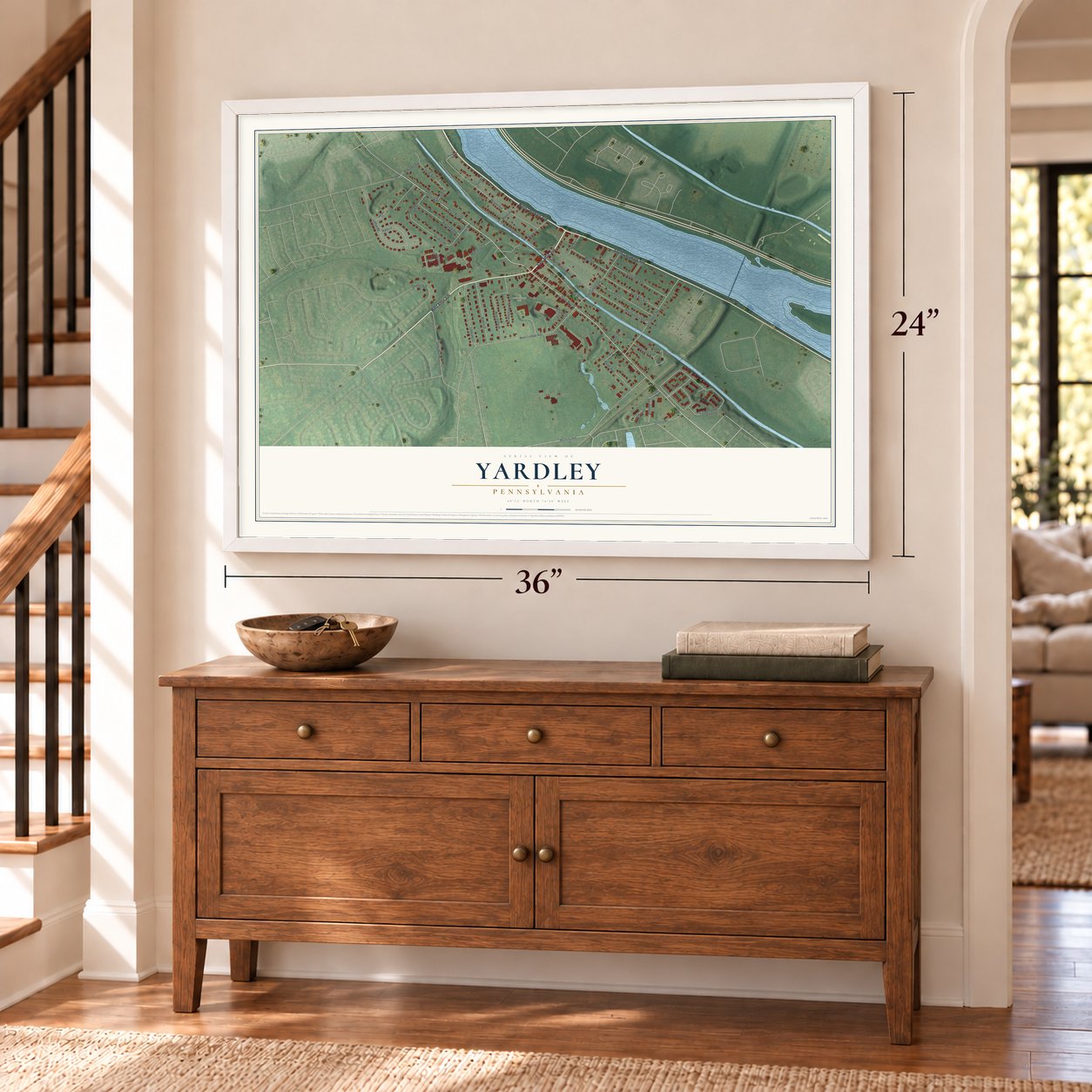 Yardley, Pennsylvania map, 24 x 36 inch print in a white frame above a dresser by a staircase