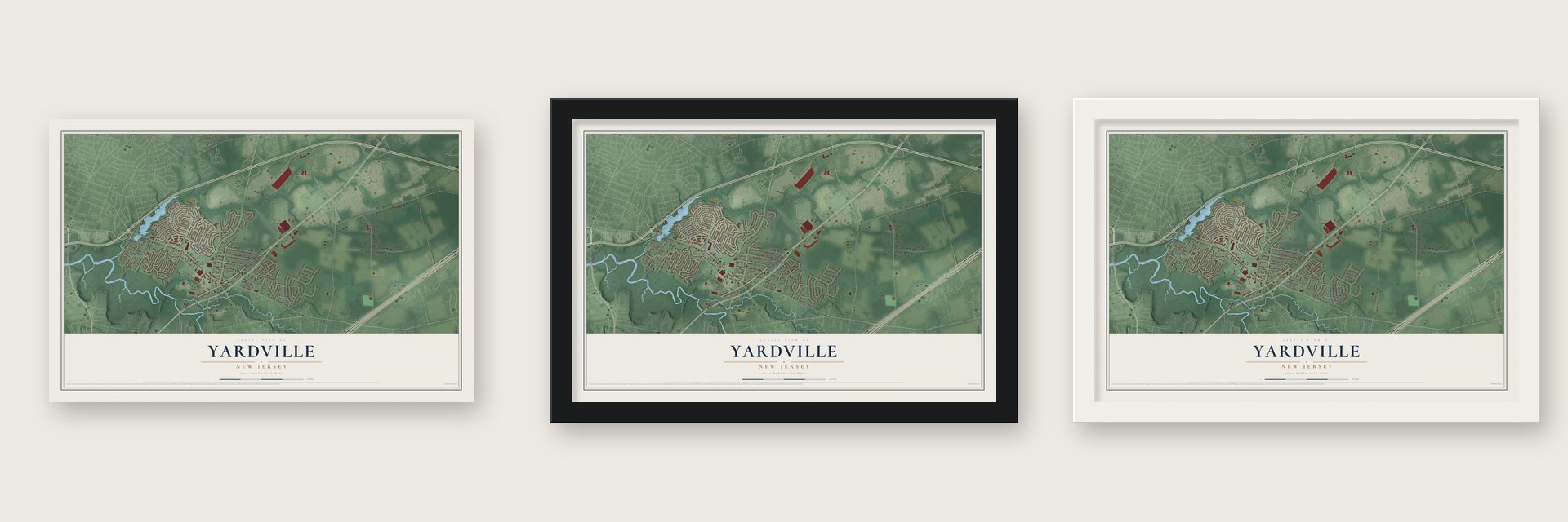 Yardville, New Jersey map unframed, in a black wood frame and in a white wood frame