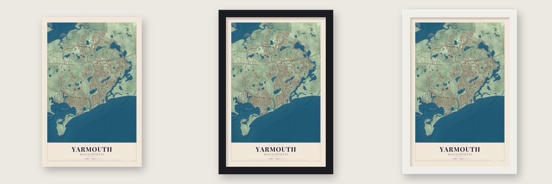 Yarmouth, Massachusetts map unframed, in a black wood frame and in a white wood frame